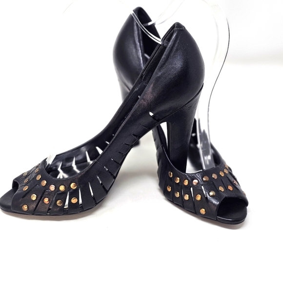 Jessica Simpson Laverna Heels – Black Leather Gold Studs – Size 8½ Open Toe - Picture 5 of 9